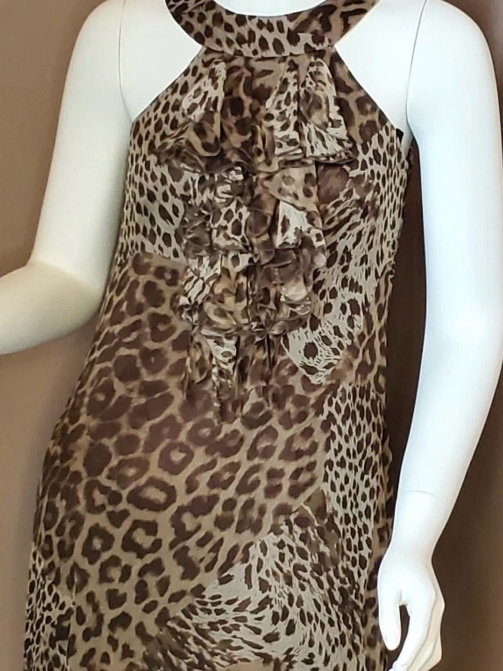 Laundry By Shelli Segal Brown and Cream Leopard-Print Ruffle Slip